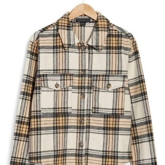 SANCTUARY ANTHROPOLOGIE Girlfriend Shacket Cream Tan Black Plaid Flannel- S - Picture 7 of 9